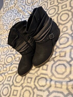 Women's Black Slouch Ankle Boots with Buckle Detail